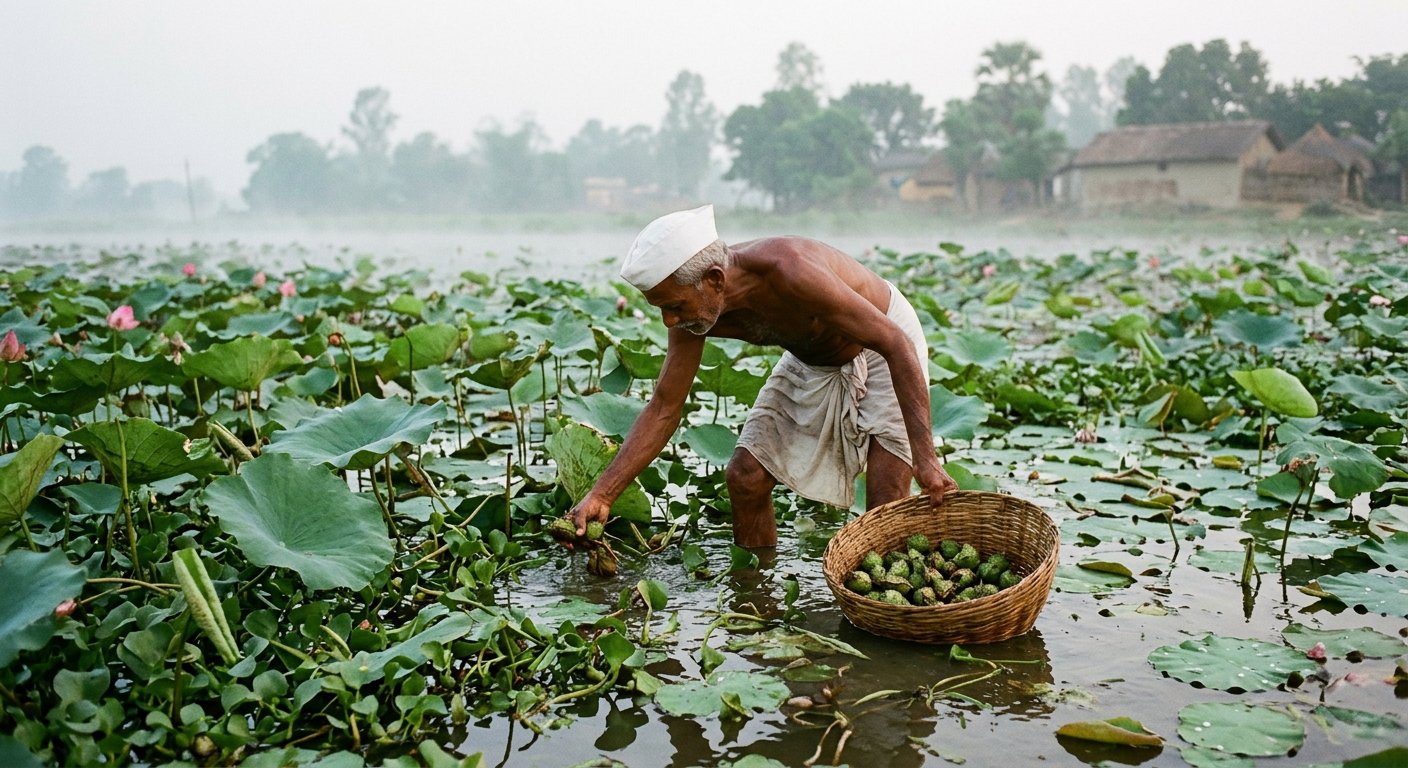Makhana farmer harvesting lotus seeds in Bihar